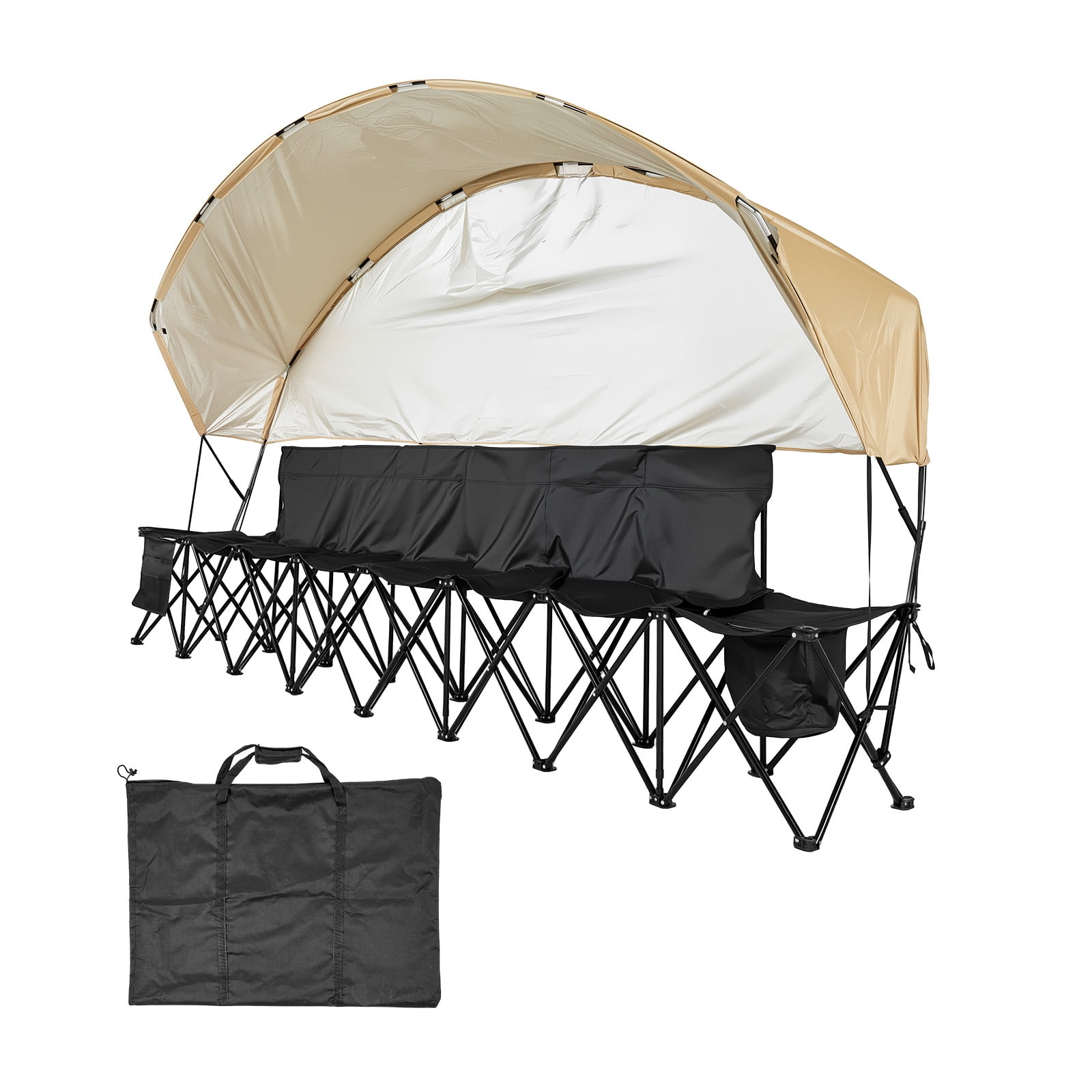 KFFKFF Portable Folding Bench, 6-Seat Sideline Seating with Storage Pockets, Cup Holders & Carrying Bag, Lightweight Design with Sunshade for Soccer, Baseball, Camping, Outdoor Activities, Black