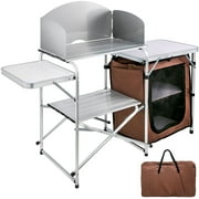 KFFKFF Portable Folding Cook Table for BBQ, Party, Camping, Brown Color, Outdoor Camp Table 2-Tier, Camping Kitchen Table with Zippered Bag