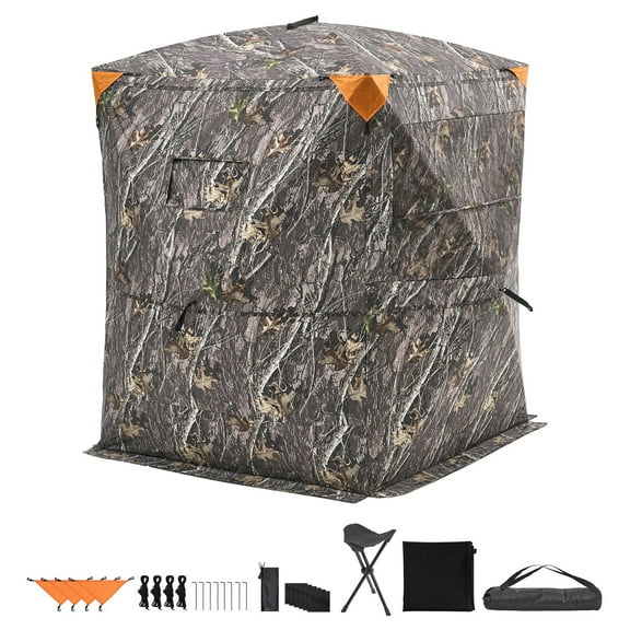 KFFKFF Portable Hunting Blind for 2-3 People, Thermal Ground Shelter with Tri-Leg Chair and Carry Bag, Camouflage Tent Featuring Silent Zipper Door and Windows, Ideal for Turkey and Deer Hunting
