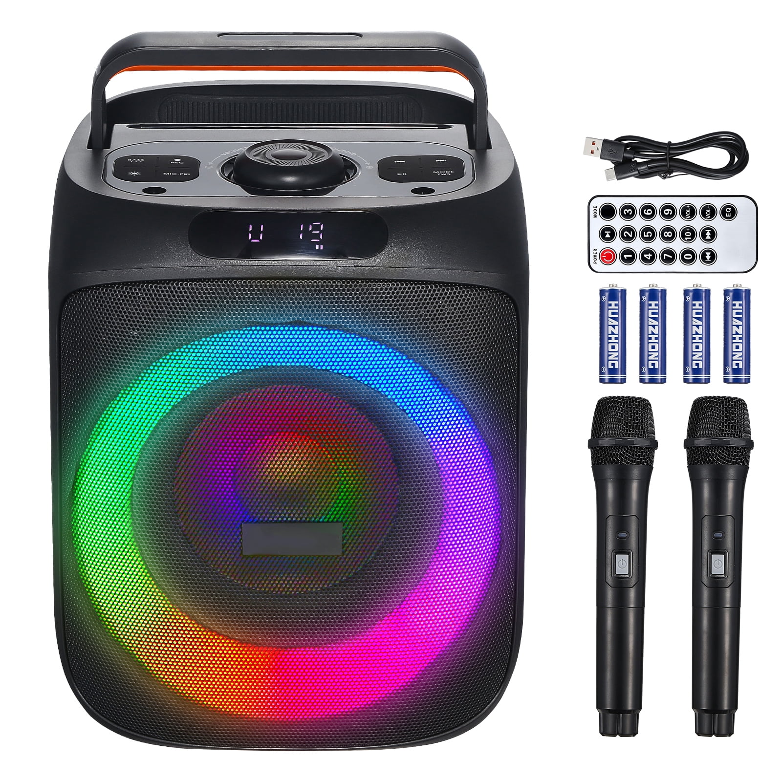 KFFKFF Portable Karaoke Machine for Adults, 30W Speaker with 6.5-inch Bluetooth Connectivity, Includes 2 Wireless Microphones, LED Lighting, TWS Capability, Handle, Supports Micro TF Card, USB