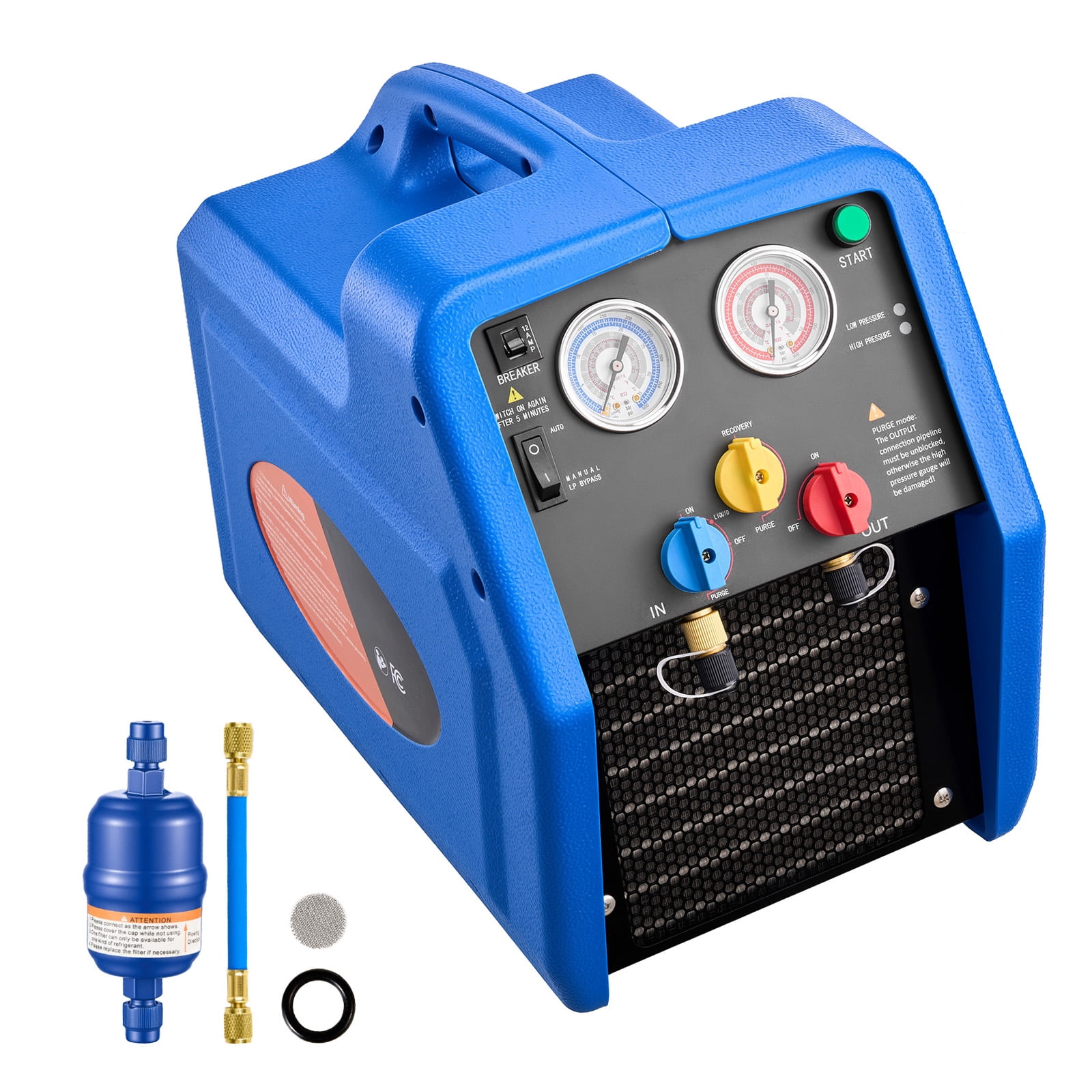 KFFKFF Portable Refrigerant Recovery Unit, 3/4 HP 110V 60Hz Single Cylinder Machine for Liquid and Vapor Refrigerant, 1750 RPM Recycling System for Automotive and Home Air Conditioning