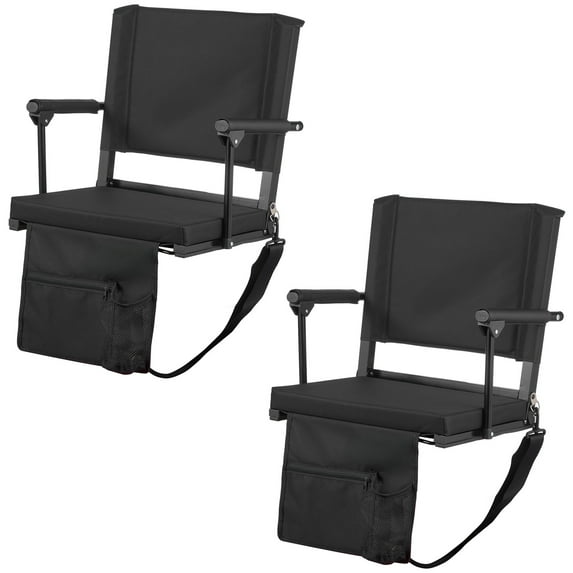 KFFKFF Portable Stadium Seat with Armrests, Back Support, and Thick Cushion, Bleacher Chair with Shoulder Strap, Hooks, and Cup Holder, Black Bench Seats for Sports Events, 2PCS