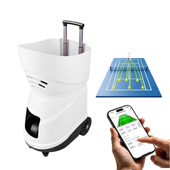 KFFKFF Portable Tennis Ball Launcher with App Control, 150-Ball Capacity, Adjustable Spin, 20 Training Modes, 4-Hour Battery Life, and Speeds up to 80 MPH