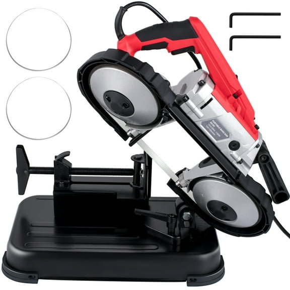 KFFKFF Portable band saw, 110V removable alloy steel base rechargeable band saw, 5 inch cutting capacity handheld band saw, variable speed portable band saw, 10 amp motor, deep cutting band saw for