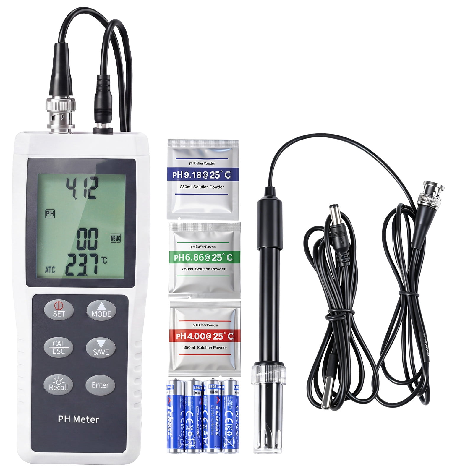 KFFKFF Portable pH Meter with 0-14 pH Range, Waterproof IP68 Probe, 3-Point Auto Calibration, Tester Kit Including Calibration Powder, Temperature Probe, and Carrying Case for Water Quality