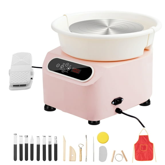 KFFKFF Pottery Wheel, 11" Crafting Wheel, 450W Motorized Pottery Device with Foot Control & LCD Interface, Direct-Drive Clay Modeling Equipment with Sculpting Tools, DIY Artistry, Pink