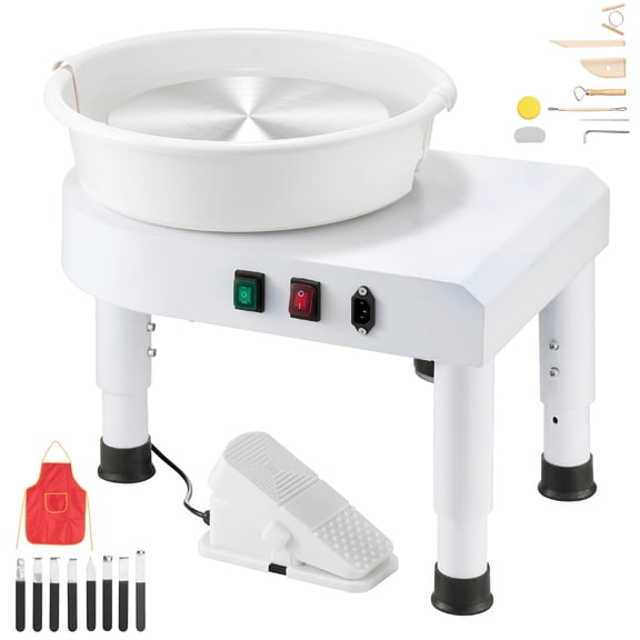 KFFKFF Pottery Wheel with 11-Inch Ceramic Plate, Adjustable Speed 60-300 RPM, Foot Pedal Control, Removable Basin, Height-Adjustable Legs,Includes Accessories for Home Crafting and DIY Projects,White