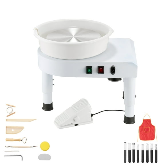 KFFKFF Pottery Wheel with 11-inch Ceramic Surface, Adjustable Speed 60-300 RPM, Foot Pedal Control, Height-Adjustable Legs, Removable Basin, and Full Tool Kit for DIY Crafting and Art Projects, White