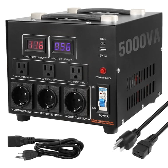 KFFKFF 5000W Power Converter, Robust Up/Down Transformer, Facilitates Conversion between 110V and 220V, Equipped with US Outlet, EU Outlet and 5V USB Port, CE Certified