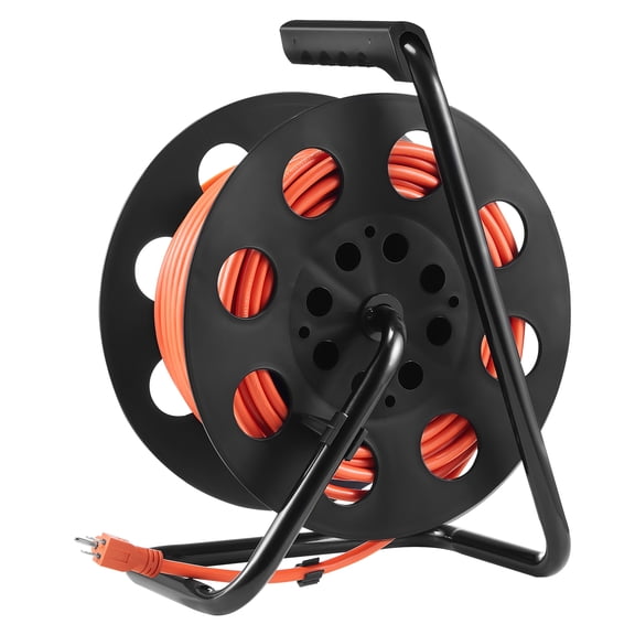 KFFKFF Power Cord Reel, 100FT, Equipped with 4 Plug Points and Protective Dust Cover, Durable 12AWG SJTOW Electrical Wire, Hand-Operated Reel with Convenient Carry Handle and Circuit Breaker