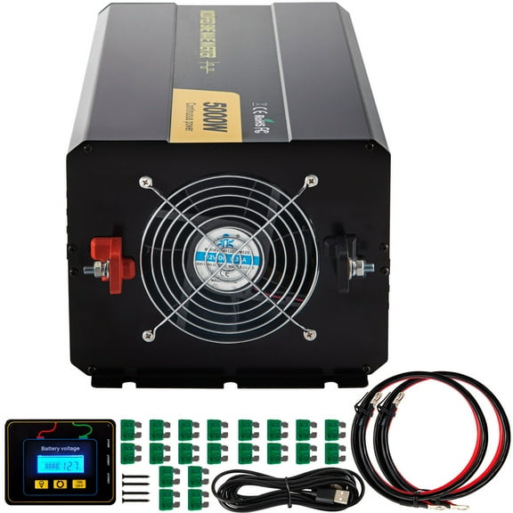 KFFKFF Power Inverter, 5000W Altered Wave Device, 12V DC to 110V AC Car Converter, equipped with LCD Display, Remote Access, LED Illumination, and GFCI Outlets for Recreational Vehicles, Lorries