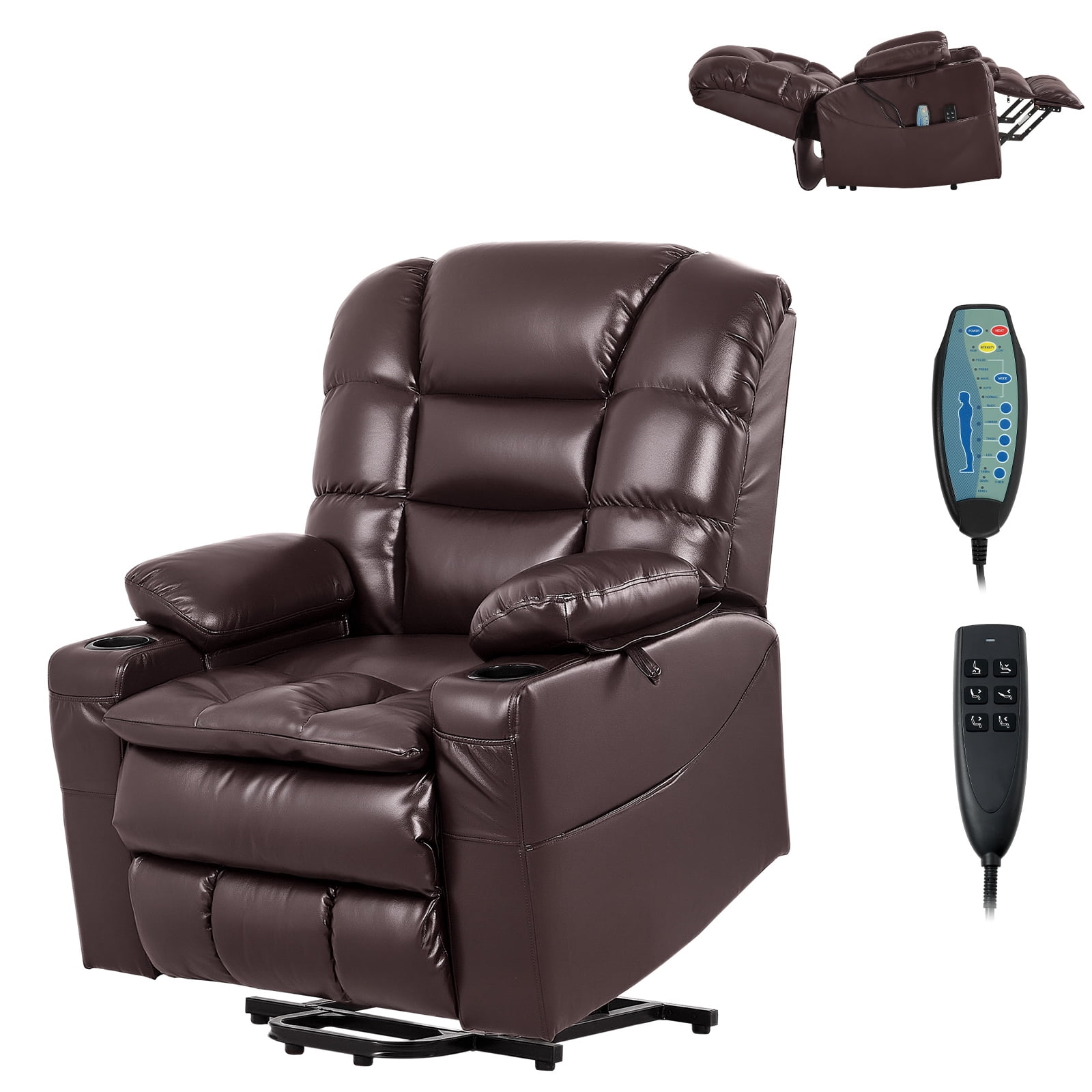 KFFKFF Power Lift Recliner Chair with Triple-Motor, Adjustable Electric Lift Chair for Seniors, Heat and Massage Functions, Leather Upholstery, Includes Storage Pockets and Cup Holders, Brown