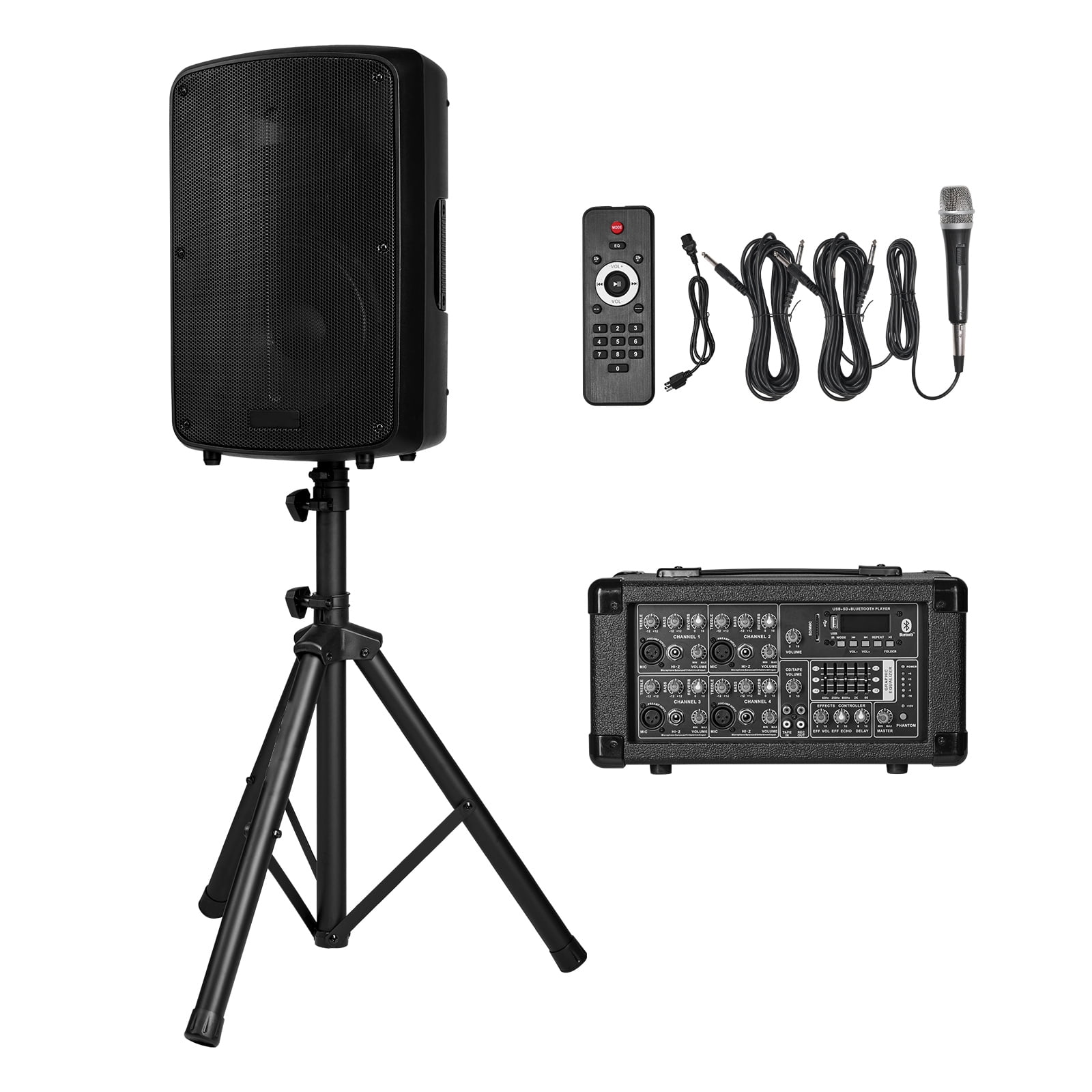 KFFKFF Professional PA System, 800W Powered Sound Setup with 6-Channel Mixer, Dual Speakers, Bluetooth Connectivity, Microphone, Stands, USB/SD/XLR Inputs, Remote Control, Ideal for DJs and Events