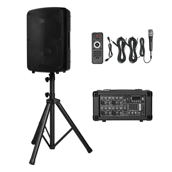 KFFKFF Professional PA System, 800W Powered Sound Setup with 6-Channel Mixer, Dual Speakers, Bluetooth Connectivity, Microphone, Stands, USB/SD/XLR Inputs, Remote Control, Ideal for DJs and Events