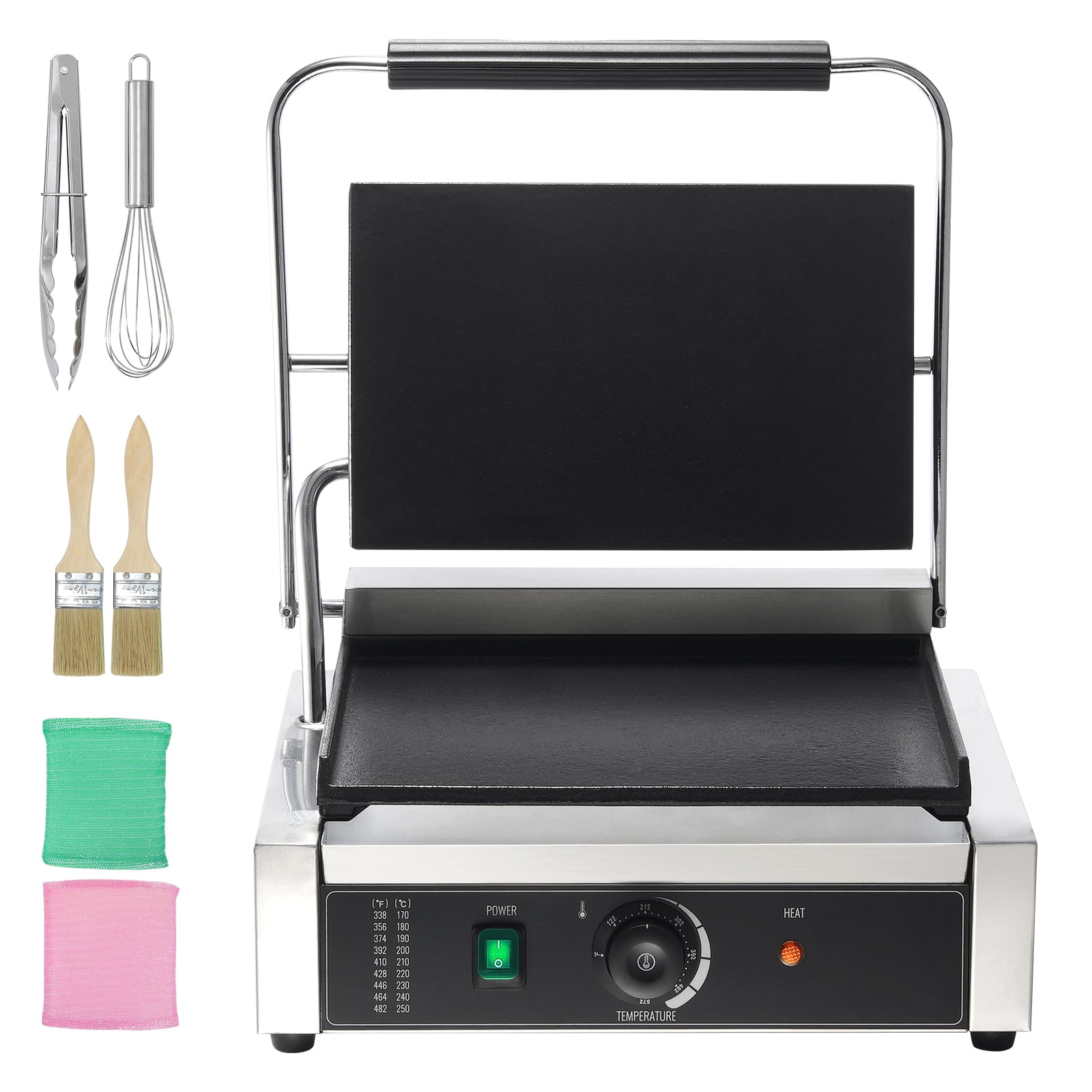 KFFKFF Professional Panini Press, 1800W Electric Grill for Sandwiches, Made of Stainless Steel, Features Temperature Control & Large 14"x9" Enamel-Coated Plate, Ideal for Burgers, Steak & Bacon