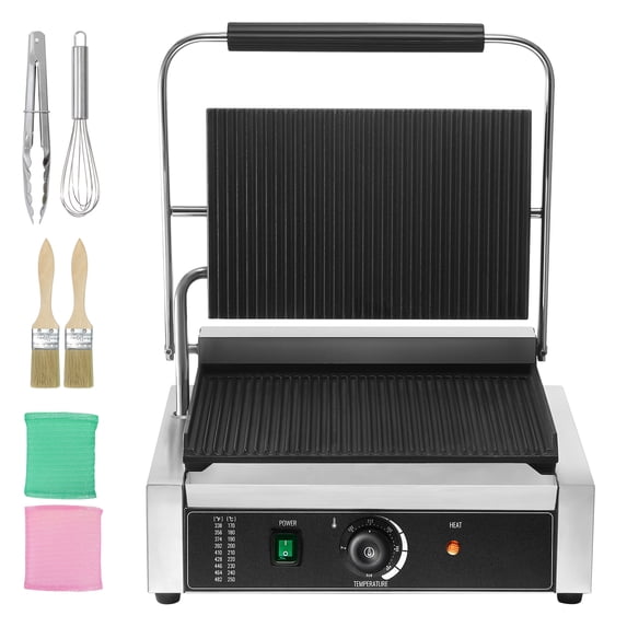 KFFKFF Professional Panini Press, 1800W Electric Grill for Sandwiches, Made of Stainless Steel with Temperature Adjustment and 14"x9" Enamel Coated Plate, Ideal for Hamburger, Steak, and Bacon