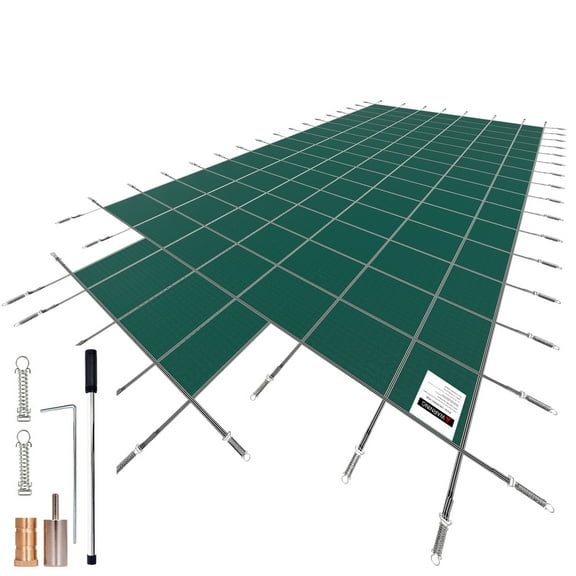 KFFKFF Protective Cover for Rectangular Inground Pools Measuring 20x40ft, Safety Pool Cover Incorporating 4x10ft Center End Step, Mesh Solid Pool Cover Featuring Drainage Holes, Green