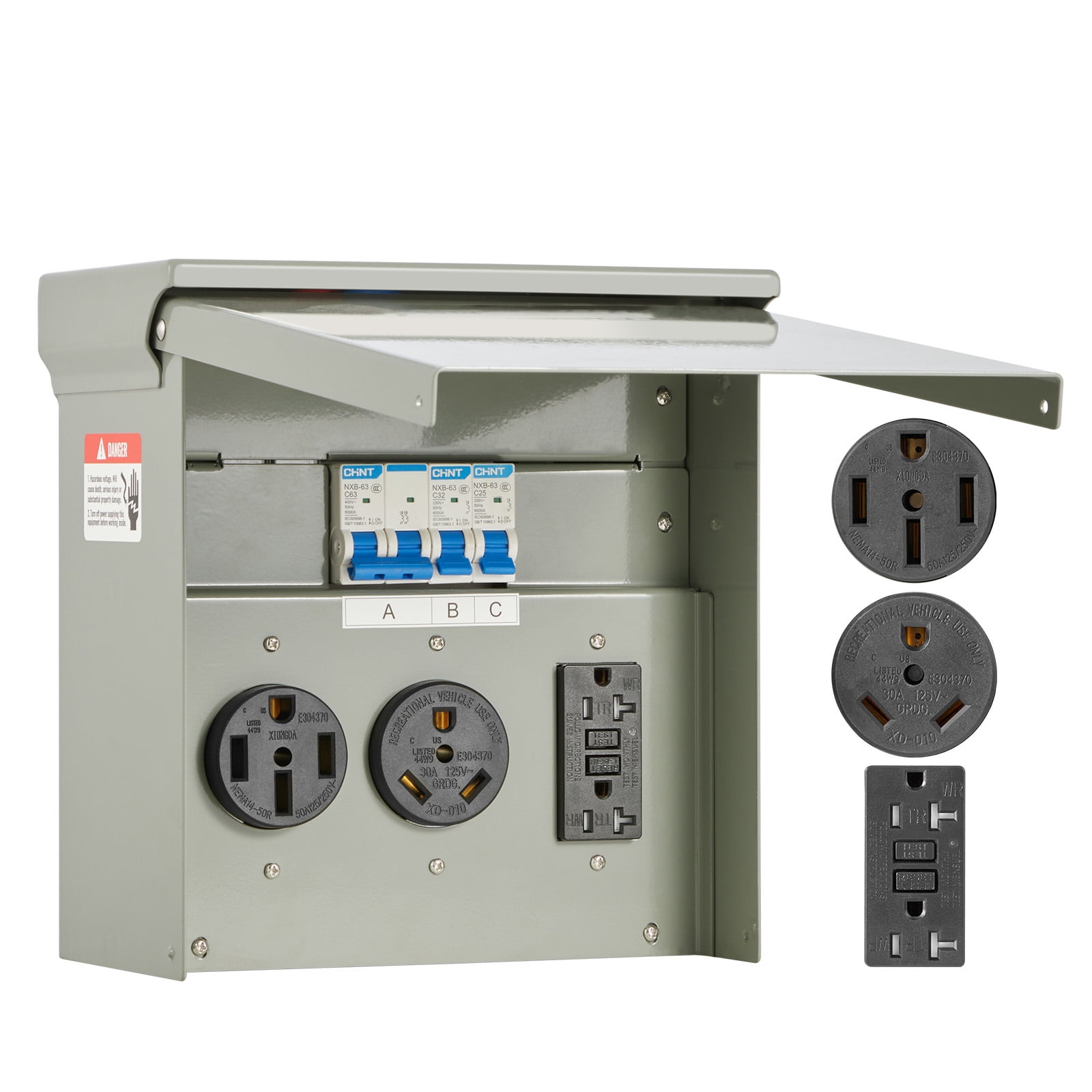 KFFKFF Provisional Power Supply Unit, 20 30 50 Amp, Recreational Vehicle Electric Vehicle Outlet Panel, Equipped with NEMA 50 Amp NEMA 30 Amp GFCI 20 Amp Socket