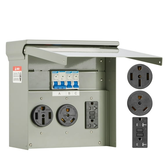 KFFKFF Provisional Power Supply Unit, 20 30 50 Amp, Recreational Vehicle Electric Vehicle Outlet Panel, Equipped with NEMA 50 Amp NEMA 30 Amp GFCI 20 Amp Socket,Pre-Connected IP54 Resistant Enclosure