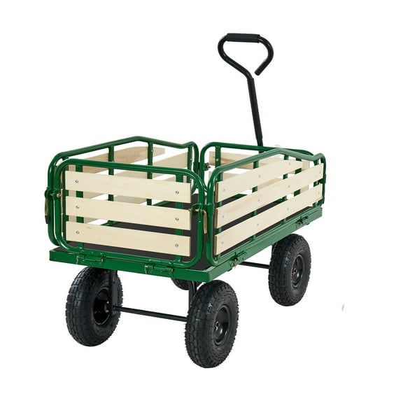 KFFKFF Pull-Along Wagon for Kids, 39-Inch Utility Cart with Wooden Panels & Handle, Supports Up to 330 lbs, All-Terrain Wagon for Gardening, Beach, and Outdoor Activities, Green