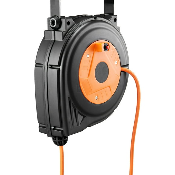 KFFKFF Pull-Out Power Cable Reel, 30 Feet, Robust 16AWG/3C SJTOW Electrical Wire, Featuring Illuminated Triple Tap Outlet and 10 Amp Circuit Breaker, Suitable for Ceiling or Wall Installation