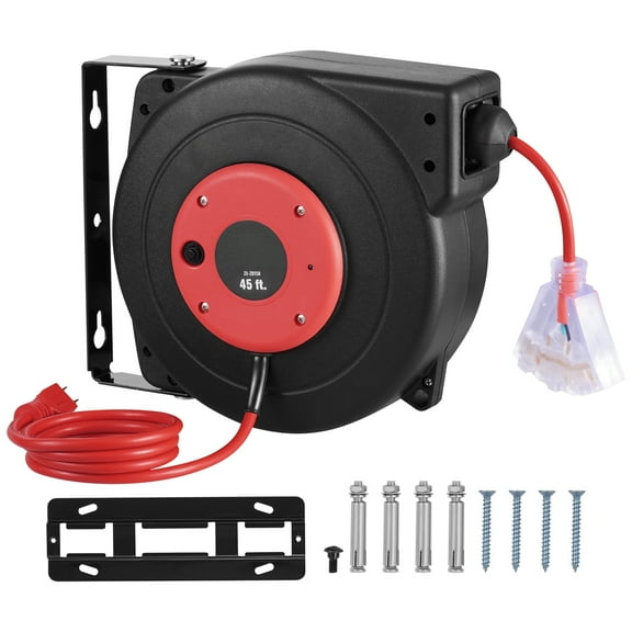 KFFKFF 45ft Pull-Out Power Cable Reel, Robust 12AWG/3C SJTOW Retractable Electrical Wire with Illuminated Triple Tap Outlet, 15 Amp Circuit Interrupter 180° Pivoting Bracket for Ceiling