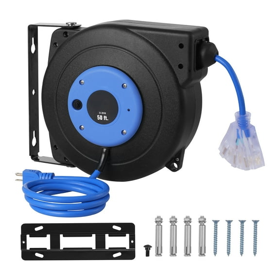 KFFKFF Pull-Out Power Cable Reel, 50 Feet, Robust 14AWG/3C SJTOW Retractable Electrical Wire with Illuminated Triple Tap Outlet, 13 Amp Circuit Interrupter 180° Pivoting Bracket for Overhead