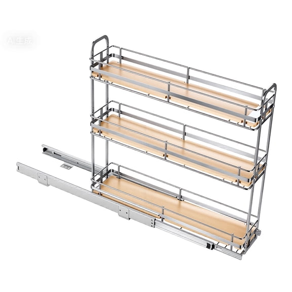 KFFKFF Pull-Out Spice Rack Organizer for Cabinet, 3-Tier Sliding Spice Rack with Adjustable Height, Durable Metal Kitchen Storage Basket for Cabinets, 5.75"W x 20.98"D x 21.34"H, Silver