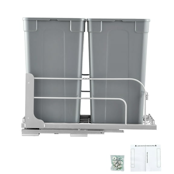 KFFKFF Pull-Out Trash Can, 27 QT x2 Dual Under-Mount Kitchen Waste Bins, Durable Recycling and Garbage Containers with Door-Mount Kit and Soft-Close Slides, Ideal for Kitchen Cabinets and Under Sink