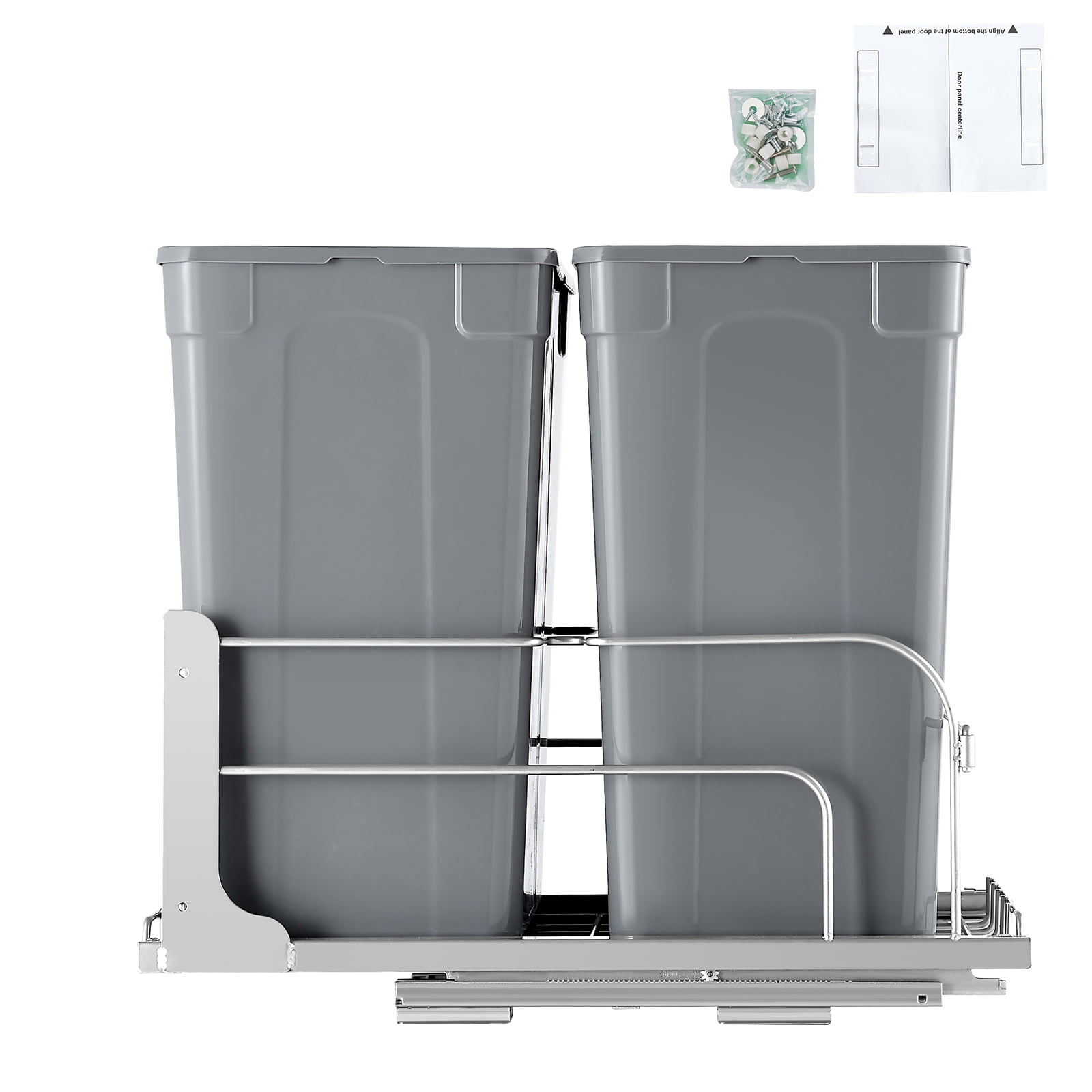 KFFKFF Pull-Out Trash Can, 35 QT x2 Dual Under-Mount Kitchen Waste Bins, Durable Recycling and Garbage Containers with Door-Mount Kit and Soft-Close Slides, Ideal for Cabinets and Under Sink (Grey)