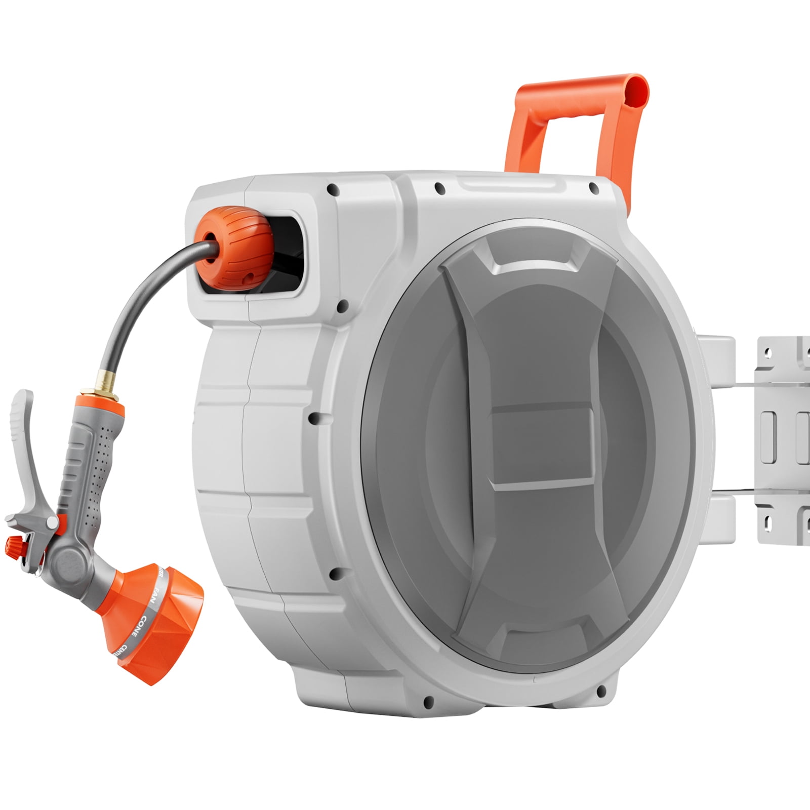 KFFKFF Retractable Hose Reel 145ft x 1/2in, Wall-Mounted Garden Hose Reel with 9-Function Nozzle, Lawn Watering Hose Reel 180° Swivel Bracket, Adjustable Length Lock, Upgraded Slow Return System