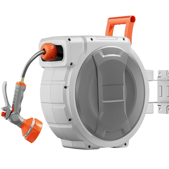 KFFKFF Retractable Hose Reel 145ft x 1/2in, Wall-Mounted Garden Hose Reel with 9-Function Nozzle, Lawn Watering Hose Reel 180 Swivel Bracket, Adjustable Length Lock, Upgraded Slow Return System
