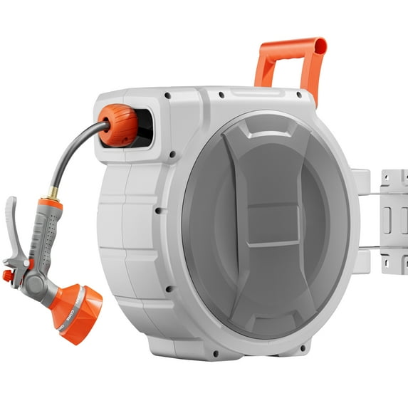 KFFKFF Retractable Hose Reel 145ft x 1/2in, Wall-Mounted Garden Hose Reel with 9-Function Nozzle, Lawn Watering Hose Reel 180° Swivel Bracket, Adjustable Length Lock, Upgraded Slow Return System