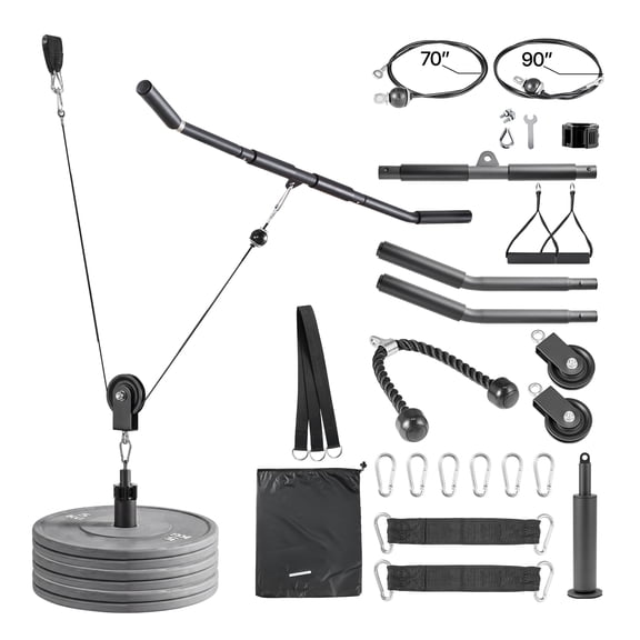 KFFKFF Pulley System, 2-Piece LAT and Lift Pulley Set, Gym Rack Attachments with Steel Cables, Short Bar, Dual Grip Handles, Cable Machine for Biceps, Shoulders, Back, Supports Up to 330 lbs