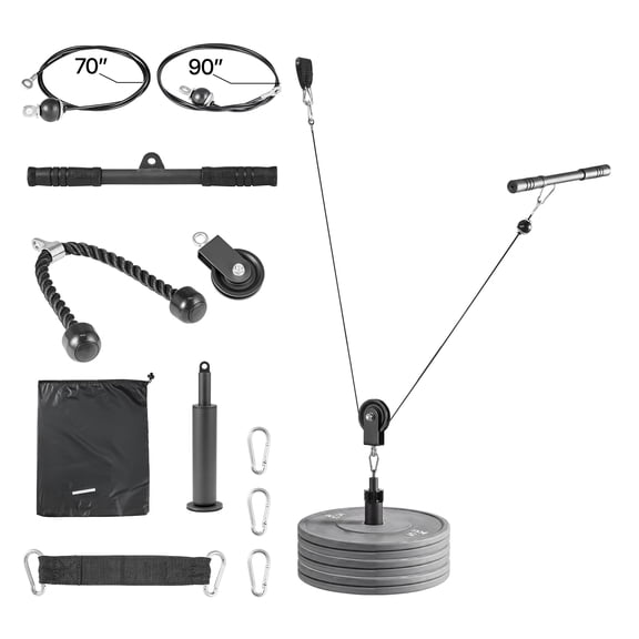 KFFKFF Pulley System with LAT and Lift Functions, Gym Rack Attachment Including Dual Steel Cables, Short Bar, and Handles, Supports Bicep, Shoulder, and Back Workouts, 280 lbs Weight Capacity