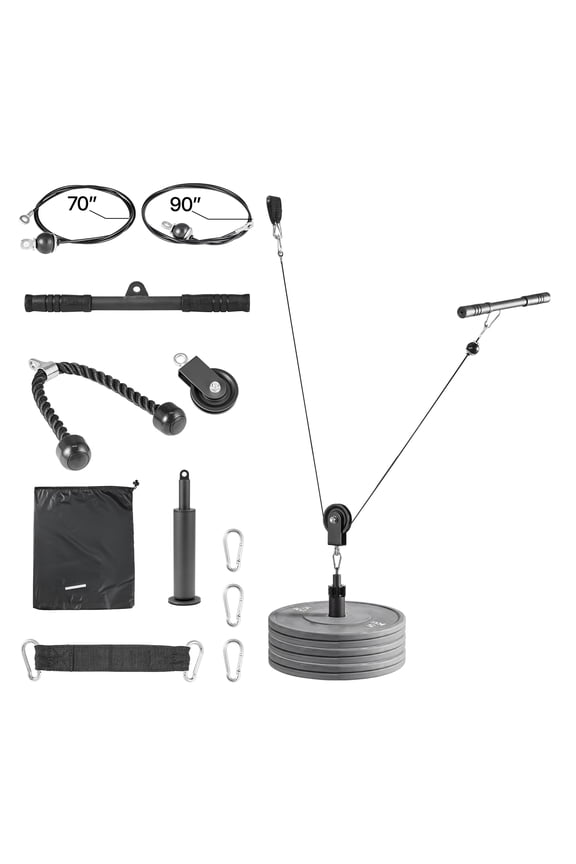 Pulley System with LAT and Lift Functions, Gym Rack Attachment Including Dual Steel Cables, Short Bar, and Handles, Supports Bicep, Shoulder, and Back Workouts, 280 lbs Weight Capacity