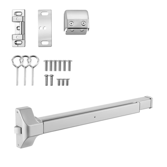 KFFKFF Push Bar Panic Exit Device, 28" Durable Metal Commercial Door Hardware for Emergency Exits, Includes Warning Sticker, Simple Installation, Compatible with 28"-41" Wood or Metal Doors, Silver