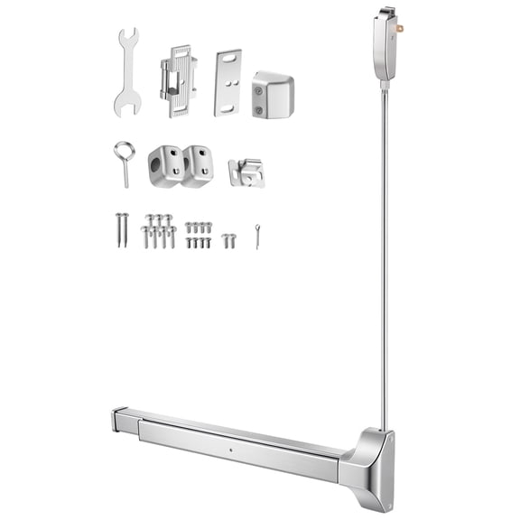 KFFKFF Push Bar Panic Exit Device, 28" Stainless Steel Commercial Exit Hardware for Emergency Doors, Includes Vertical Top Rod and Sticker, Compatible with 28"-41" Wood or Metal Doors, Silver