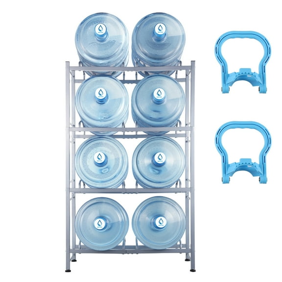 KFFKFF Quad-Level Beverage Container Stand, Holder for 5-Gallon Water Bottles, Dual-Row Rack Accommodating 8 Bottles, Robust Water Container Organizer for Kitchen, Office, Living Room, Silver
