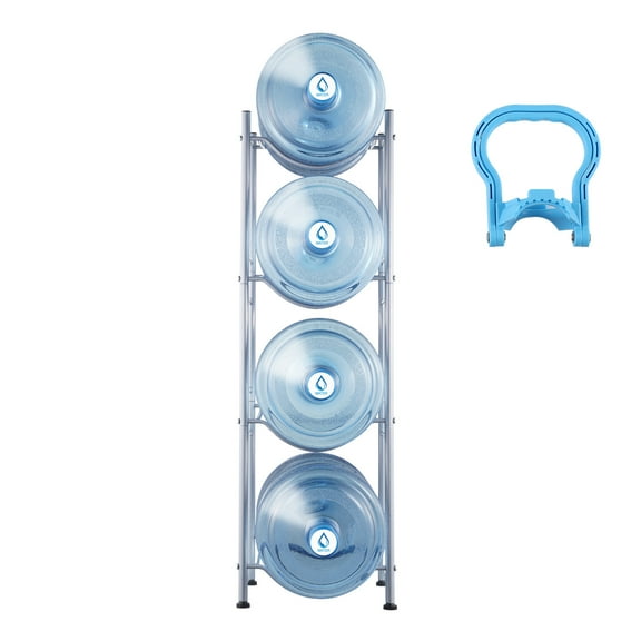 KFFKFF Quad-Level Beverage Container Stand, Holder for 5-Gallon Water Bottles, Single-Row Rack Accommodating 4 Bottles, Sturdy Water Container Stand for Kitchen, Office, Living Room, Silver