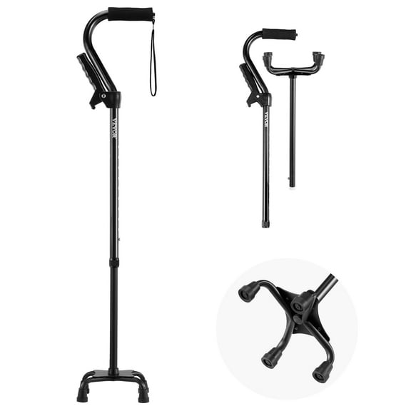 KFFKFF Quad Walking Cane, Adjustable 10-Level Height Walking Stick with Stable 4-Pronged Base, Lightweight Aluminum Mobility Aid for Adults and Seniors, Supports up to 250 lbs