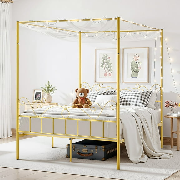 KFFKFF Queen Size Canopy Bed Frame, No Box Spring Requi, Durable Steel Bed Frame with Minimalist Headboard, Ample Underbed Storage, Easy to Assemble