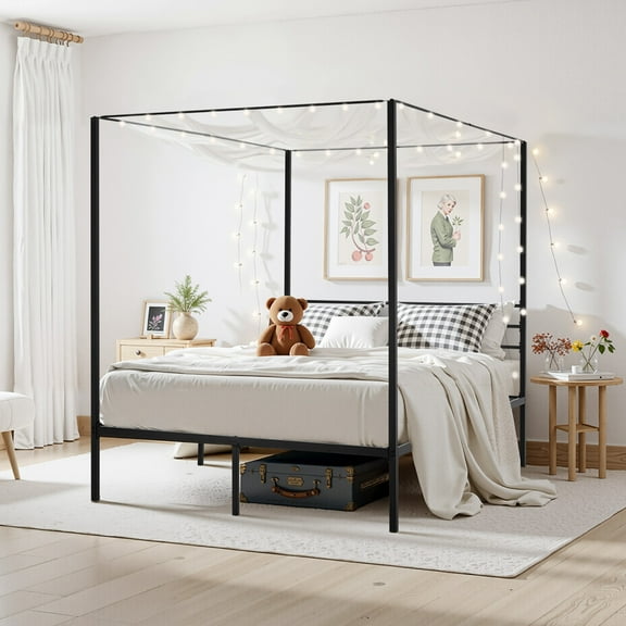 KFFKFF Queen Size Canopy Bed Frame for Bedroom, Durable Steel Bed Frame, Ample Underbed Storage, No Box Spring Required, Simple Assembly, Black