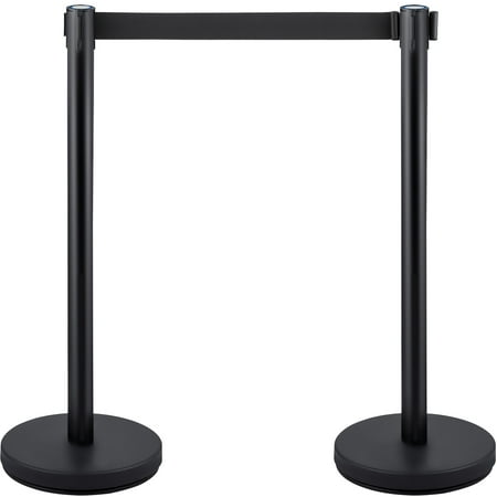 KFFKFF Queue Management Posts, 4 Units in a Set, Complete with 6.6 ft/2 m Retractable Black Belt, Black Public Management Barrier with Concrete and Metal Foundation - Simple Connection Setup