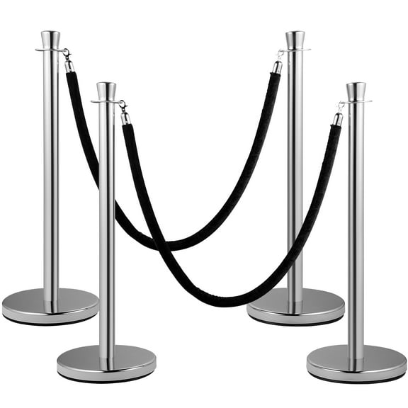 KFFKFF Queue Management Posts, Duo Pack, 5ft/1.5m Black Velvet Cord Included, Silver Barrier with Solid Concrete and Metal Foundation - Simple Joining Process