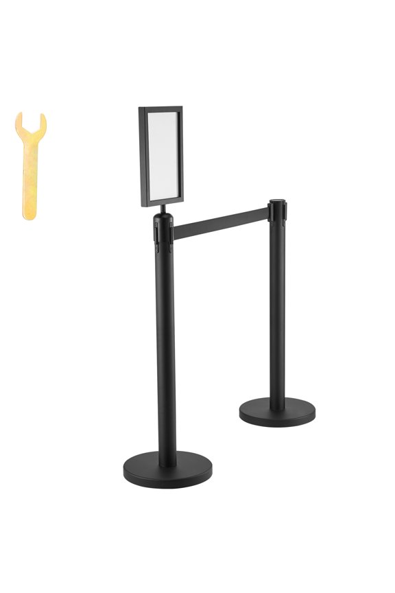 Queue Management Posts, Set of 6 Crowd Management Barriers, Carbon Steel with Baked Paint Finish, Stanchion Post Featuring Sign Holder & Trio of 6.5FT Extendable Straps, Line Separator