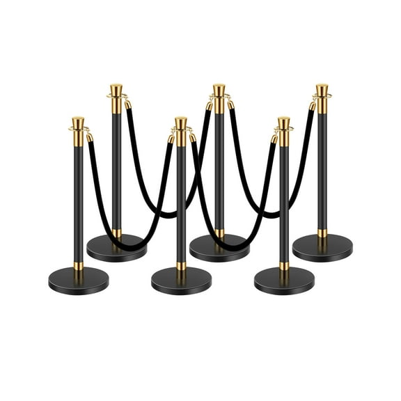 KFFKFF Queue Posts and Plush Cords, Set of 6 Crowd Management Barriers with 4 Plush Black Cords, Stainless Steel Queue Pillar with Sand-Filled Hollow Base for Stage, Nuptial, Festive Accessories