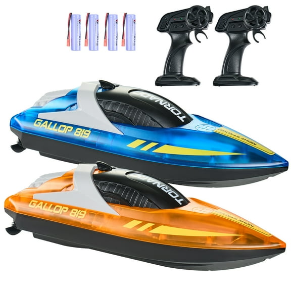KFFKFF RC Boat, Dual Set, 2.4GHz, 12 km/h Speed, LED-Lit Remote Control Boat for Pools & Lakes, Includes 4 Rechargeable Batteries, Waterproof Design, Ideal Gift for All Ages, in Blue & Orange