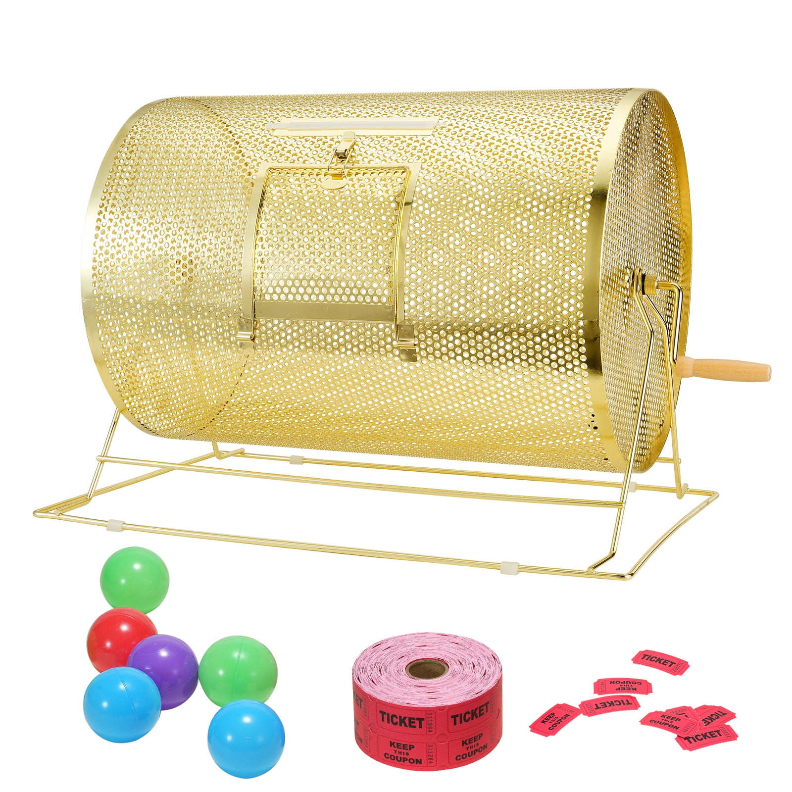 KFFKFF Raffle Drum, Accommodates 10000 Tickets or 300 Table Tennis Balls, Metallic Spinning Draw Mechanism with Wooden Crank, 14.8 x Ø21.26 inch