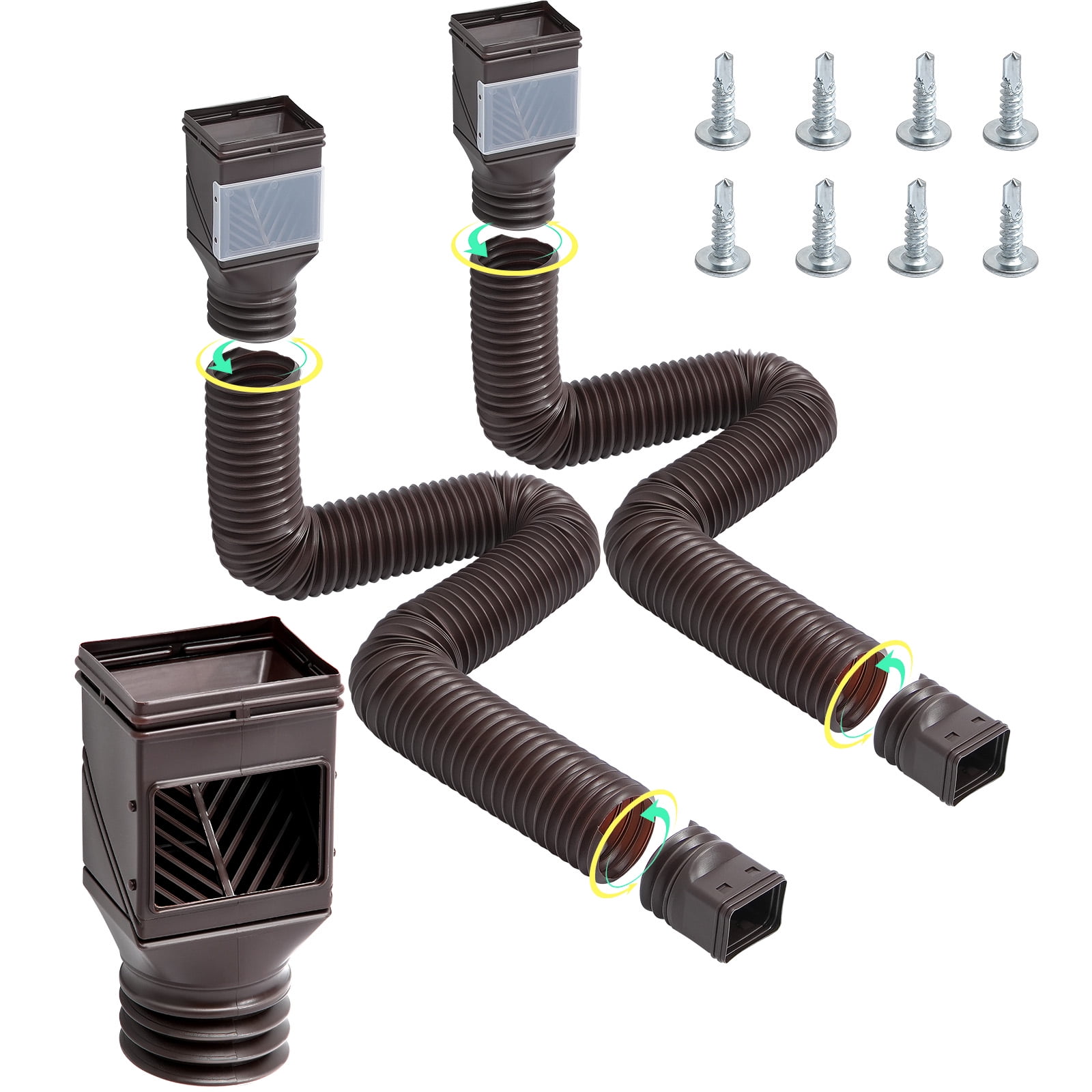 KFFKFF Rainwater Channel Downspout Extensions, Duo Pack Bendable Downspout Lengthener, Drain Pipe Extension Stretchable from 22" to 63", Gutter Lengtheners with Connectors, for Rainwater Flow, Brown